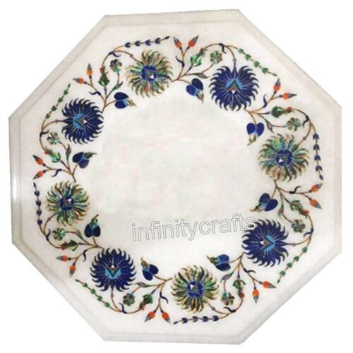 12 Inches Octagon Marble Coffee Table Top Floral Art Inlay Work Corner Table