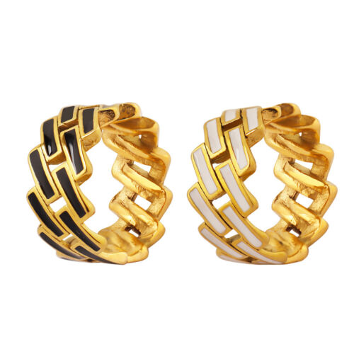 Damen Ring aus Edelstahl diagonales Muster Weiß Schwarz Gold-Farbe - Afbeelding 1 van 10