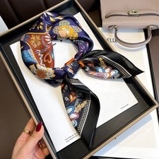 100 Silk Scarf Women Purple Floral Horse Kerchief Square Bandana Wrap 68 68cm