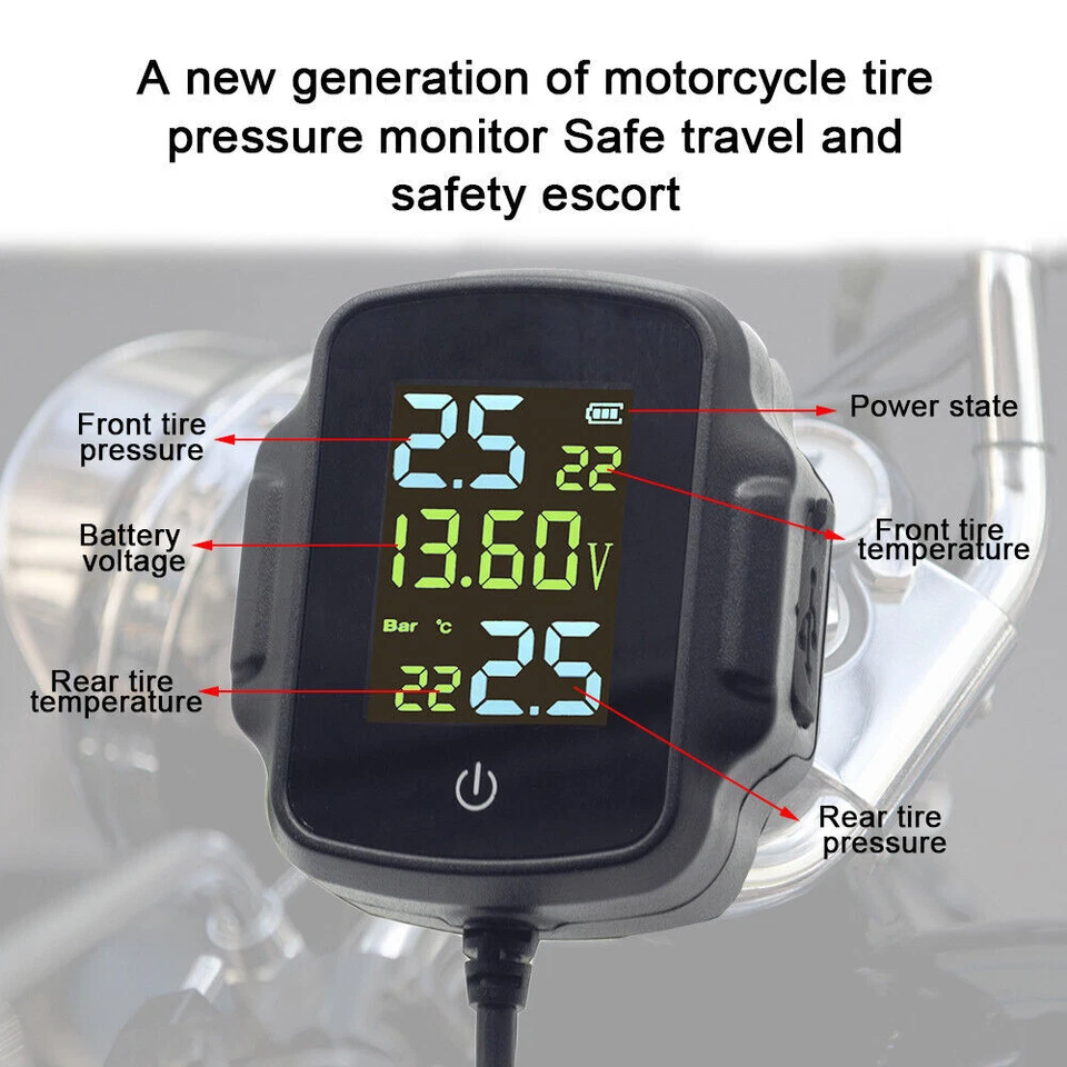 Sistema de monitoreo de presión de neumáticos TPMS para motocicleta alarma de temperatura 2 sensores externos Foto 4 de 4