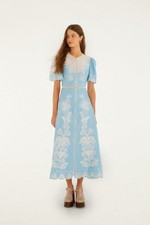 Farm Rio Embroidered Short Sleeve Midi Dress Light Blue Size Medium NWT