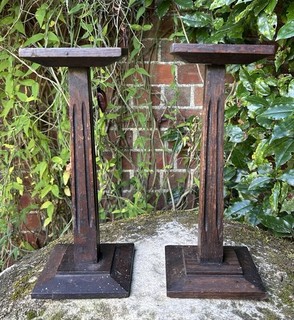 Antique Pair 2x Art Nouveau Edwardian Oak Retail Shop Pedestal Stand Plinths Art