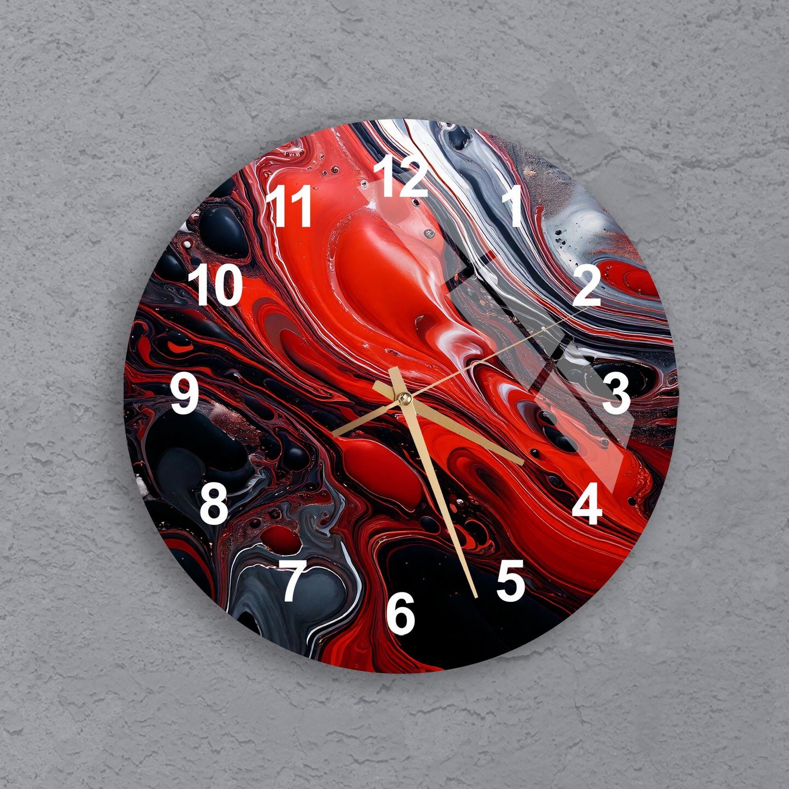 Red & Black Glass Wall Clock Abstract Swirl Art Glass Clock, Modern Home Decor