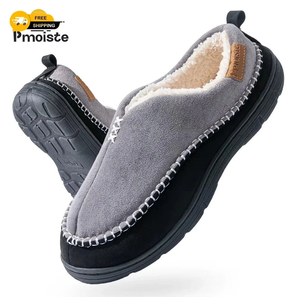 BRANDED DUNLOP MENS MEMORY FOAM SLIPPERS WARM FUR COSY INDOOR SLIP ON MOCCASINS SHOES