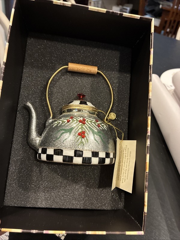 Mackenzie Childs Farmhouse Holiday Tea Kettle Ornament- New In Box