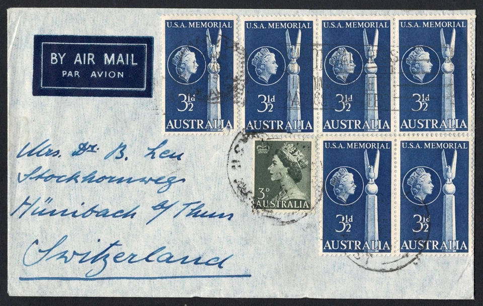 Cubierta de correo aéreo Australia 1955, Sydney a Suiza, EE. UU. Memorial, mezcla QEII Foto 2 de 3
