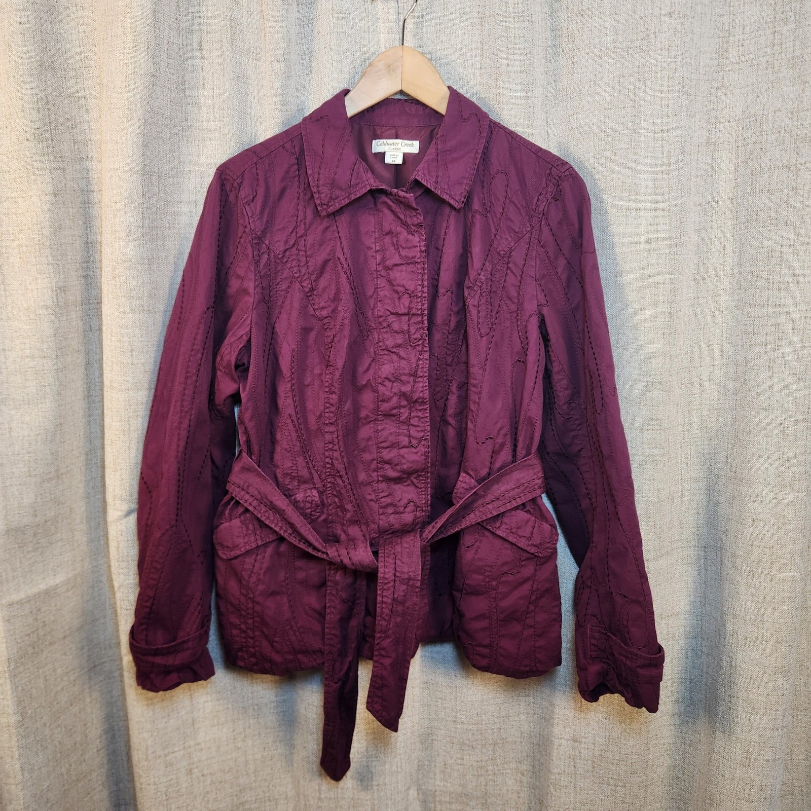 Coldwater Creek Lined Jacket Women 14 Purple Embroidered Lightweight Button Belt