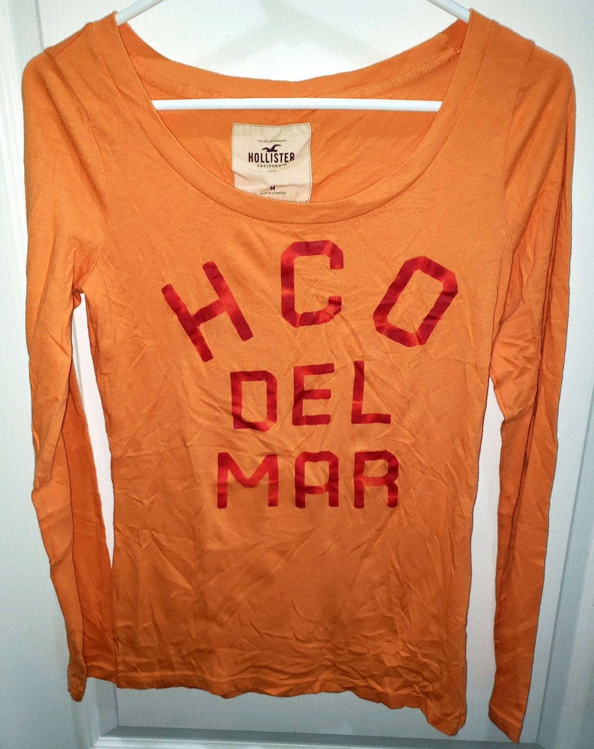 HOLLISTER WOMENS LONG SLEEVE ORANGE TEE SHIRT TOP size MEDIUM HCO DEL MAR nice!