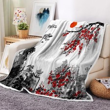 Japanese Cherry Blossom Red Sun Flannel Throw Blanket 60x70 Inch Soft Bed