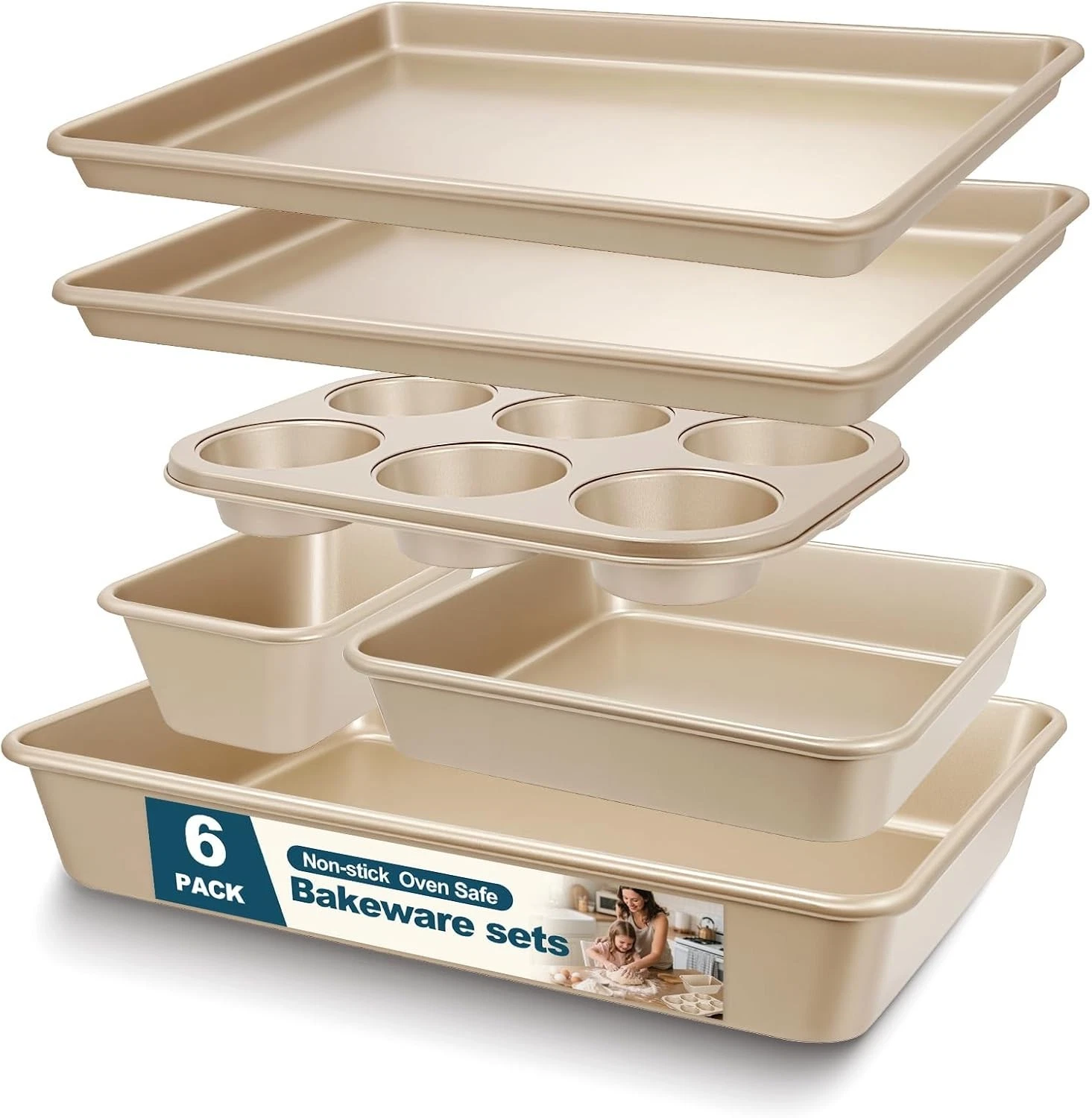 Bakeware Set Nonstick 6 Pieces Oven Baking Sheets Pan Cookie Loaf Roaster Square