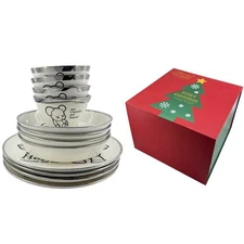 12-Piece 4-Person Ceramic Plate & Bowl, Cartoon White Gloomy Bear Dinnerware Set