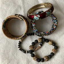 Boho Bracelet Bundle – Lava Beads, Wrap, Beaded Cuff, Bangle + Gift Bag (5 Pc)
