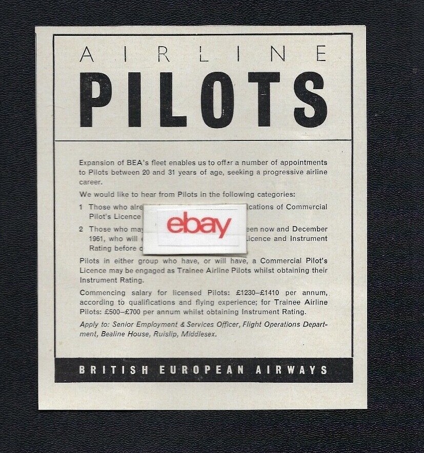 BEA BRITISH EUROPEAN 1961 HIRING AIRLINE PILOTS FLIGHT OPS BEELINE HOUSE AD  | eBay