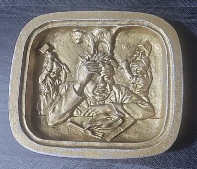 Vintage Eugen Kask Hangover Headache Brass Pewter Tray Sweden Cat Gnome