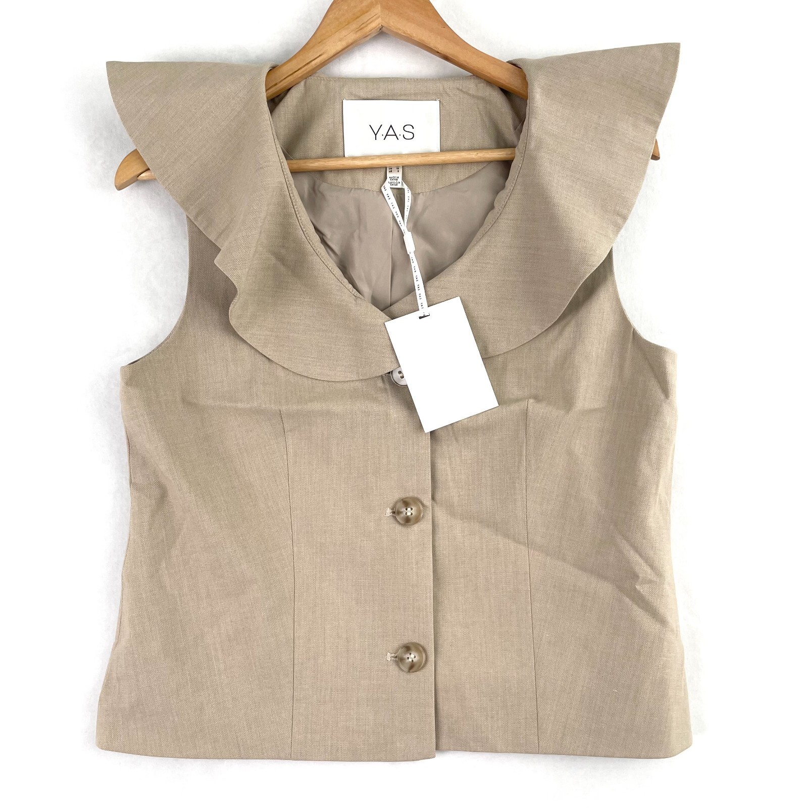 YAS Ligga Waistcoat Womens Size 10 Humus Button Front Ruffle Collar Top New