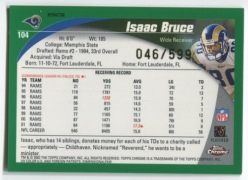 2002 Topps Chrome Black Refractor /599 Isaac Bruce #104 HOF Rams - Picture 2 of 2