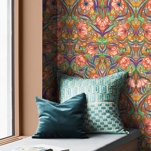 2 Rolls 17.3"X118" Peel And Stick Orange Wallpaper Boho Flower PVC Kitchen Decor - Picture 4 of 5