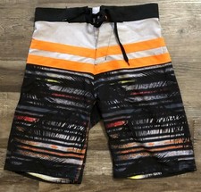 Burnside Mens Size 30 Black Orange  Gray Striped Board Shorts Swimming Trunks