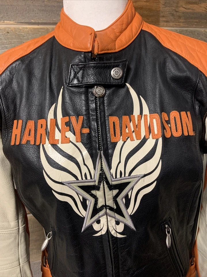 Harley Davidson Mujer RAPID CITY Naranja Negro Star Racing Chaqueta de Cuero Pequeña Foto 2 de 4