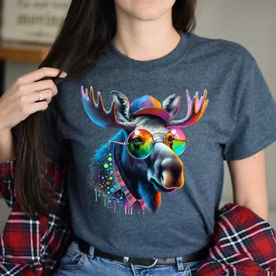 Moose Color Splash Unisex T-Shirt Cool Canadian moose Black Navy Dark Heather