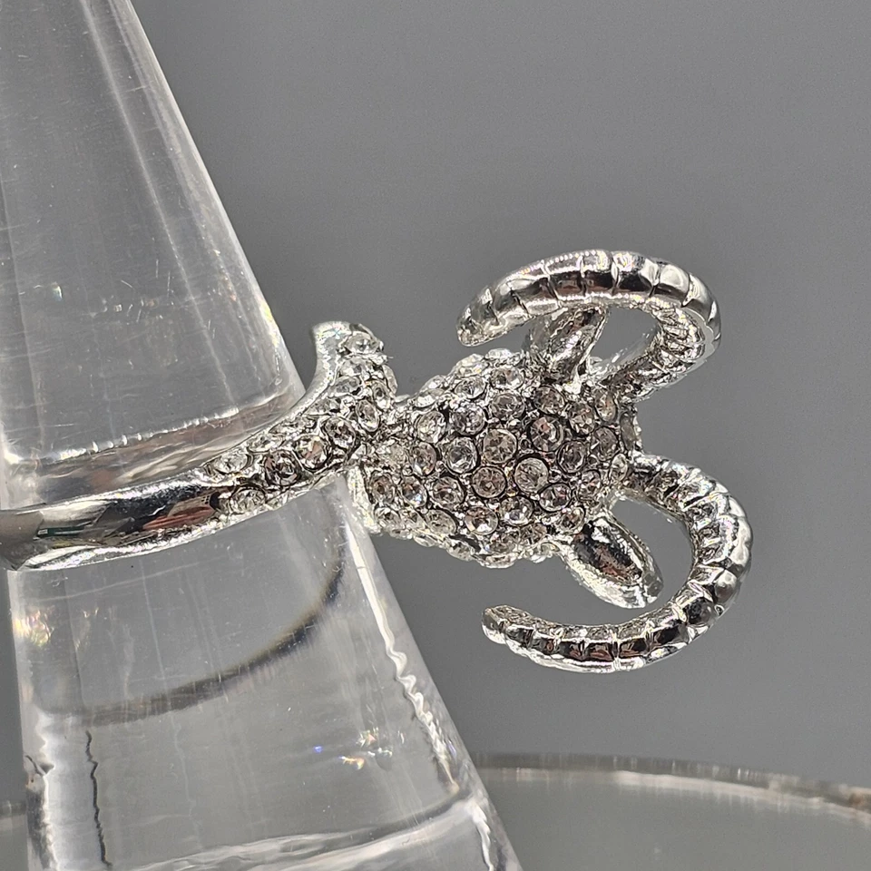 Crystal Pave Ram Head Ring Silver Tone Figural Animal 3D - Image 3 of 4