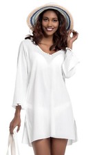 Women's Long Sleeve 100 Cotton Hooded Beach Cover Up White Size L NWT