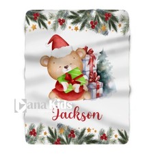 Personalized Baby Christmas Blanket, Baby Bear Santa Hat Custom Name Blanket