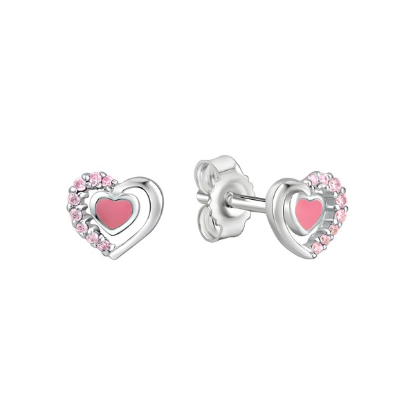 Ohrstecker Aus 925 Silber Rhodiniert Herz Rosa Lack Und 14 Zirkonia Pink V-image