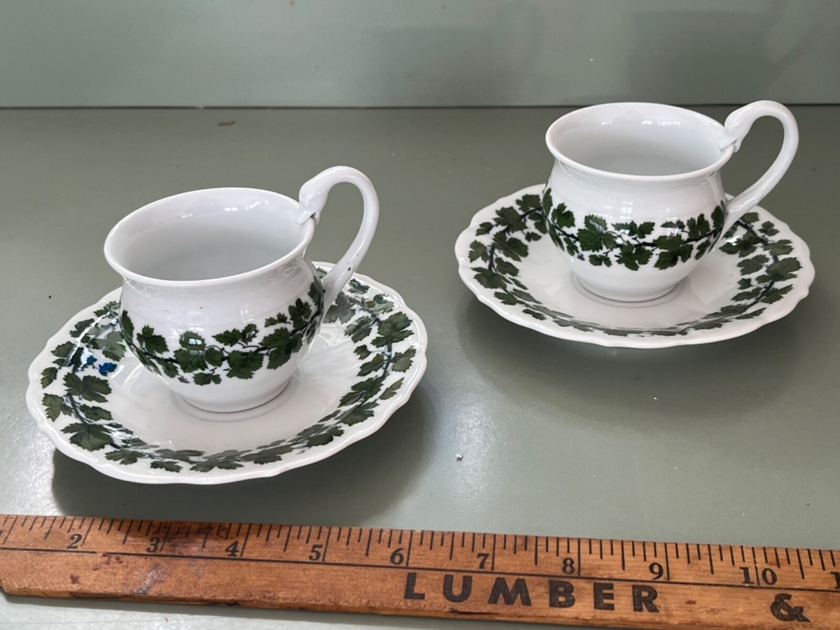 Pair Meissen Ivy Leaf & Vine pattern swan handle chocolate