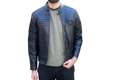 Men Leather Jacket,Black Vintage Retro Cafe Racer Style Jacket Size Small