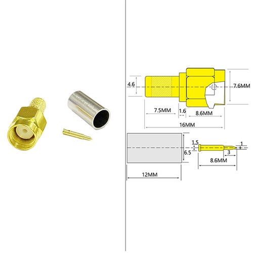 10pcs SMA RF coax connector male plug crimp for RG58 LMR195 cable straight new - Picture 3 of 6