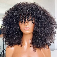 Afro Curly No Lace Front Wigs Human Hair with Bangs Glueless Machine Made Wigs