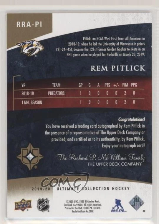 2019 Ultimate Collection Retro Rookies Tier 1 /225 Rem Pitlick #RRA-PI Auto RC - Image 2 of 2