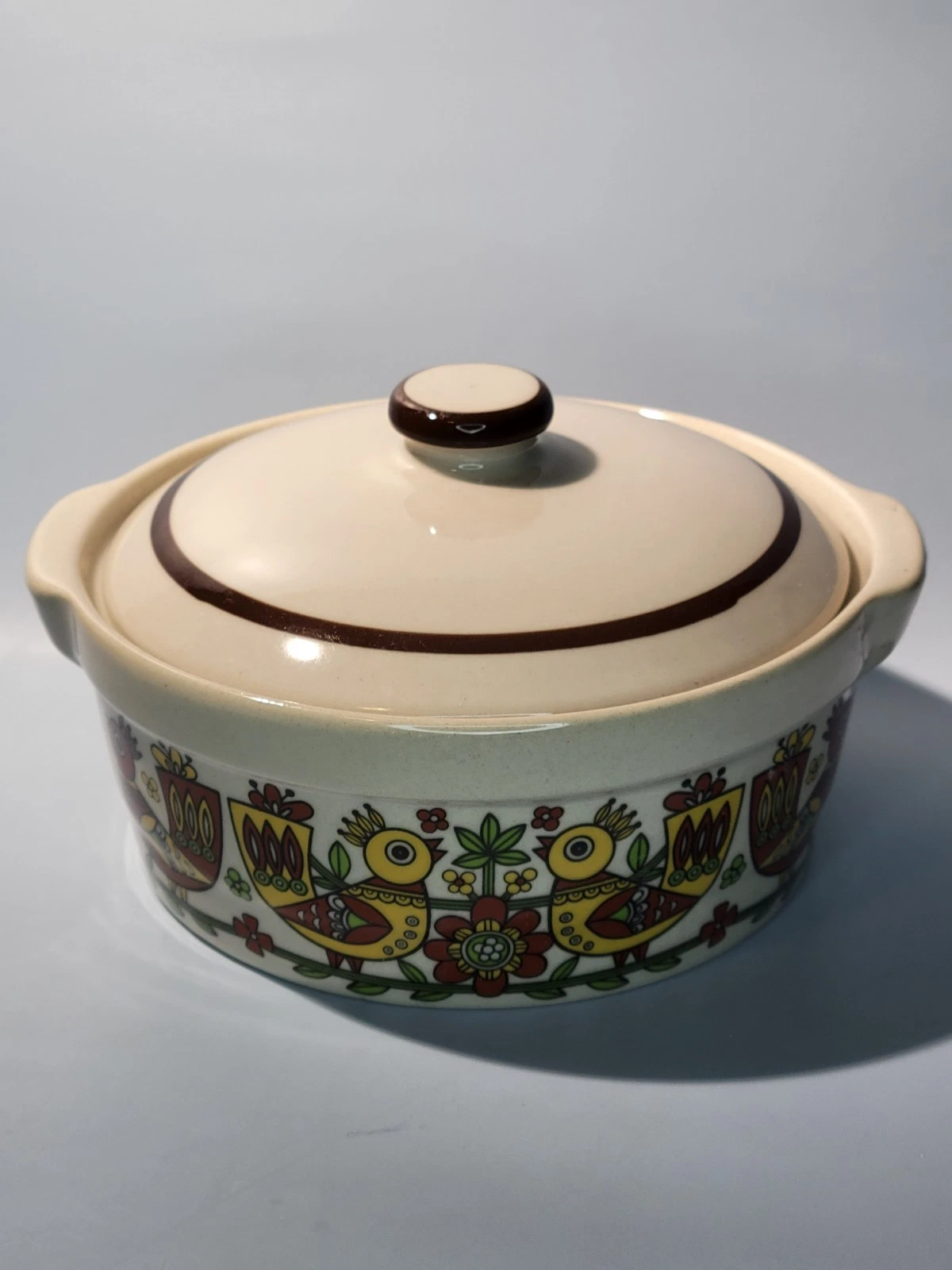 Vintage MCM Scandinavian Style Casserole Baking Dish W/ Lid Yellow Bird Pattern