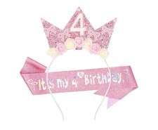 4th Birthday Crown Headband for Girl Pink Bow 4th Birthday Sash Set