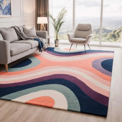 Retro Welliger Wollteppich Bunt Modern Handgetuftet Teppich Abstrakt Kurvig C...