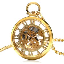 Mens Pocket Watch Mechanical Gold Case Chain Hand-winding Watches Christmas Gift