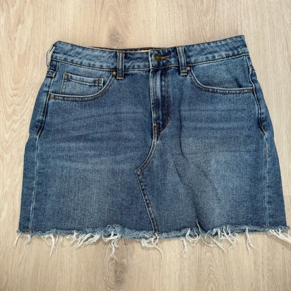 pacsun medium blue wash denim jeans raw hem frayed fringe mini skirt bottom