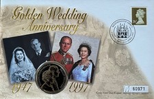 1997 &pound;5 Queen 50th Golden Wedding Anniversary Coin And Stamp Royal Mint PNC FDC
