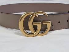 Authentic Taupe Rose Pink Leather Gucci Belt 1.5" Width Gold GG 30/32 90cm