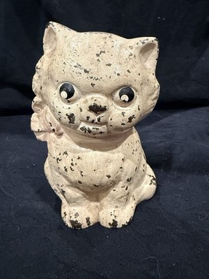 1930 s Hubley Cast Iron Kitty Cat Bank w/Original Paint Pink Ribbon