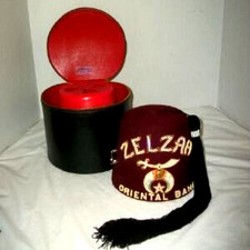 Vintage Shriners Masonic Temple Fez Hat Case Jeweled Zelzah Oriental Band Size 7