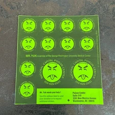 1972 Mr. YUK National Poison Control Center Sticker Sheet Children’s Hospital