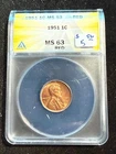 1951 LINCOLN WHEAT CENT ANACS MS 63 RD 150