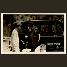 1927 RPPC Real Photo Postcard President Calvin Coolidge Fishing Black Hills SD