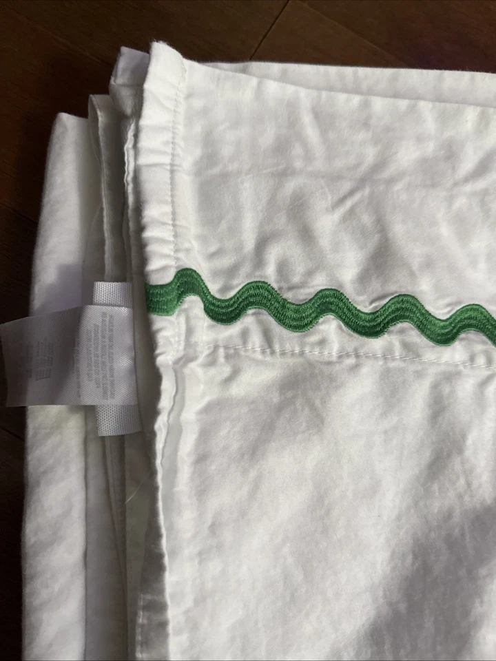 Anthropologie Maeve Vieira Satén Orgánico Lt Azul Verde Rick Rack Sábanas Completas Foto 2 de 4