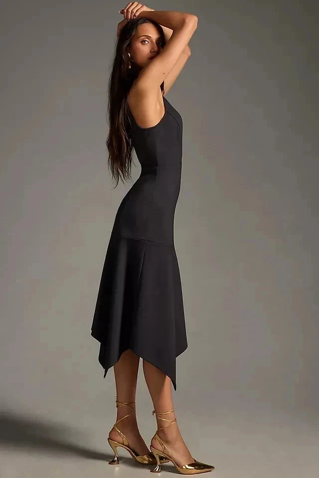 Anthropologie Mock-Neck Lace Insert Fit & Flare Midi Dress Size L Black - Image 2 of 4