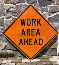 Large Authentic Vintage WORK AREA AHEAD Metal Road Traffic Retired Sign 49" Diag