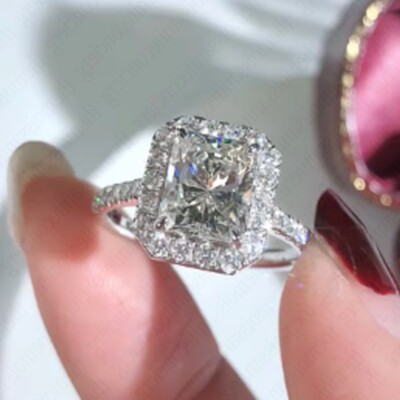 2,86 kt strahlender Moissanit vier Krappen Halo Verlobungsring 14 K Weißgold vergoldet