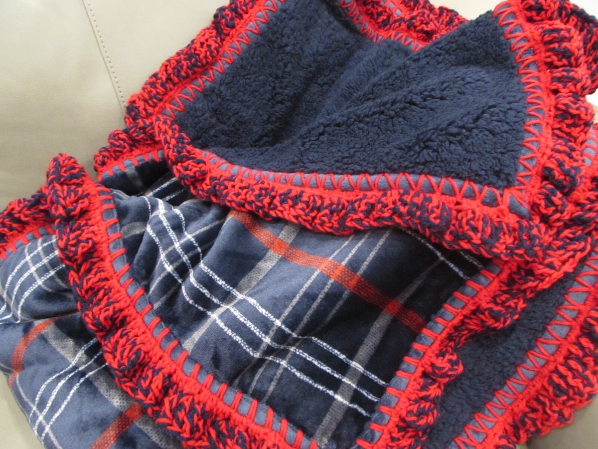 Oversize Reversible Plush Sherpa Throw Blanket Blue Red Crochet Super  Ruffle